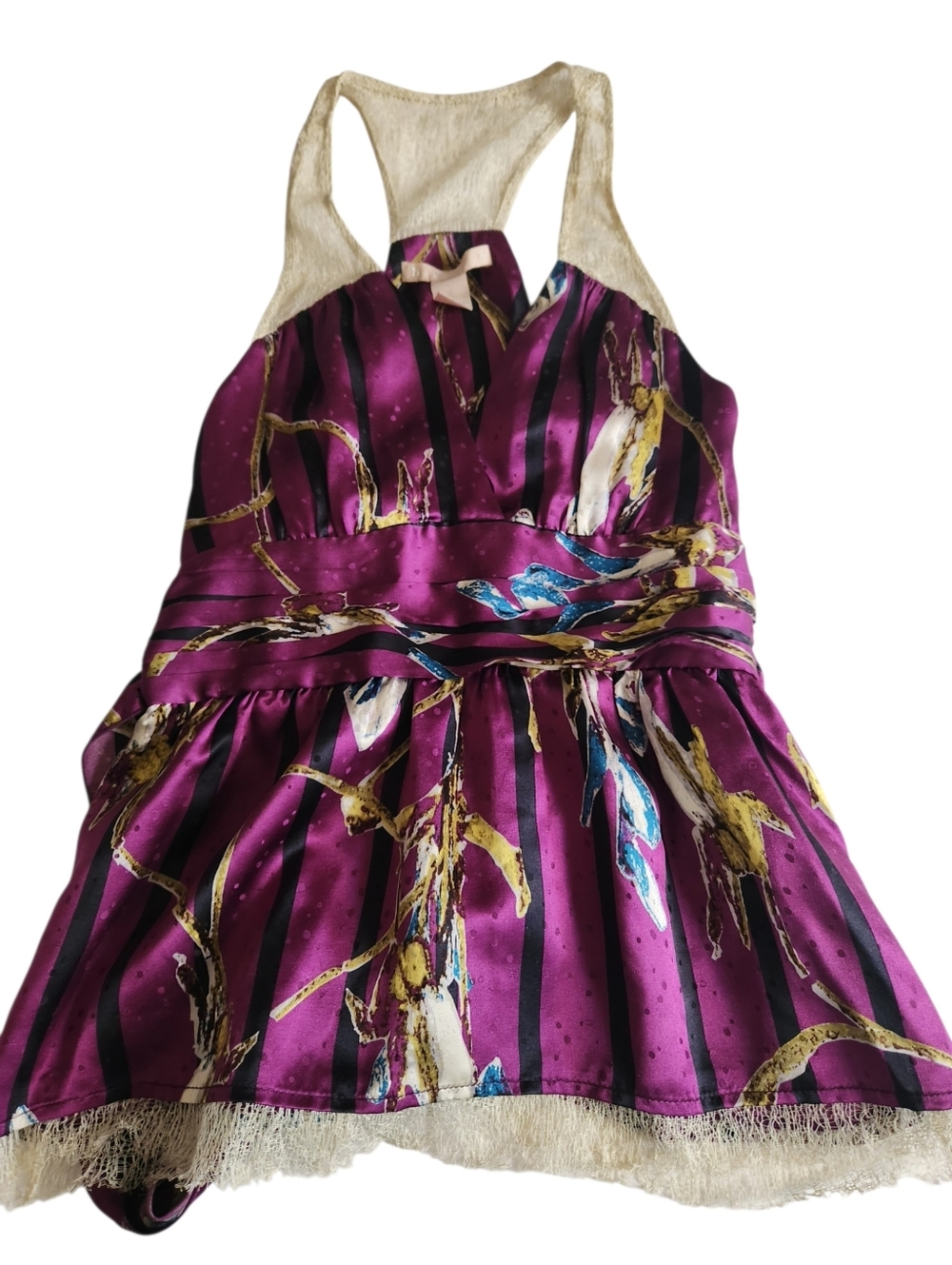 Hype Purple Floral Stripe Silk Party  Top with Fringe- Size(S)